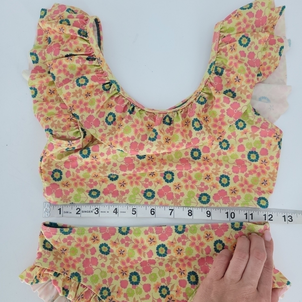 Scotch & Soda Lime Green Pink Floral Ruffle Two Piece Bikini Swim Suit GIRLS 14 - Picture 3 of 8